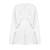 Architectural Pleated Balloon Sleeve V Neck Belted Zip Up Jacket